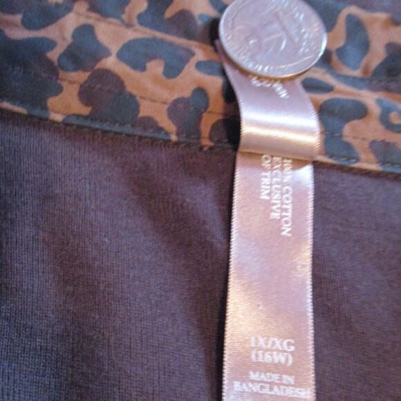 Catherines Shirt 1X Brown Leopard Animal Print Trim Long Sleeve Top - Picture 7 of 8